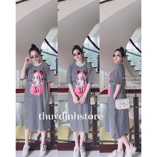 Đầm thun sọc dáng suông in hình cô gái tay ngắn