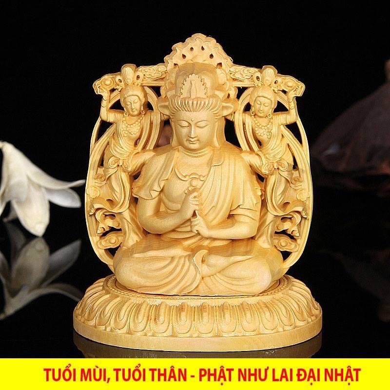 Tượng Phật bản mệnh đặt xe Ô Tô - Bàn làm việc gỗ Hoàng dương - tặng miếng dán và vòng tay