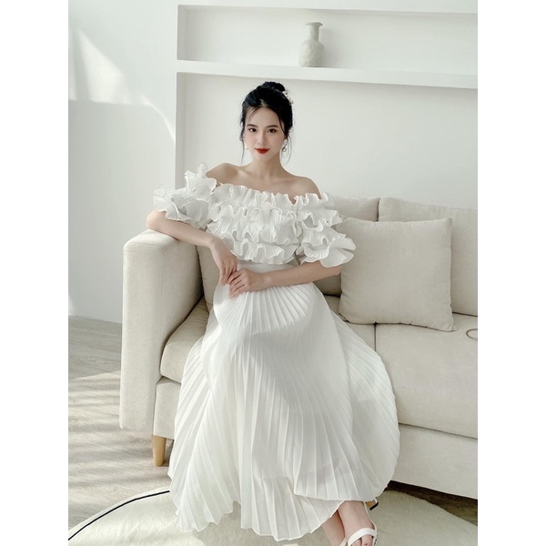 Đầm dự tiệc trễ vai Cúp ngực bèo tùng xếp ly xoè cực dễ thương - LITA DRESS