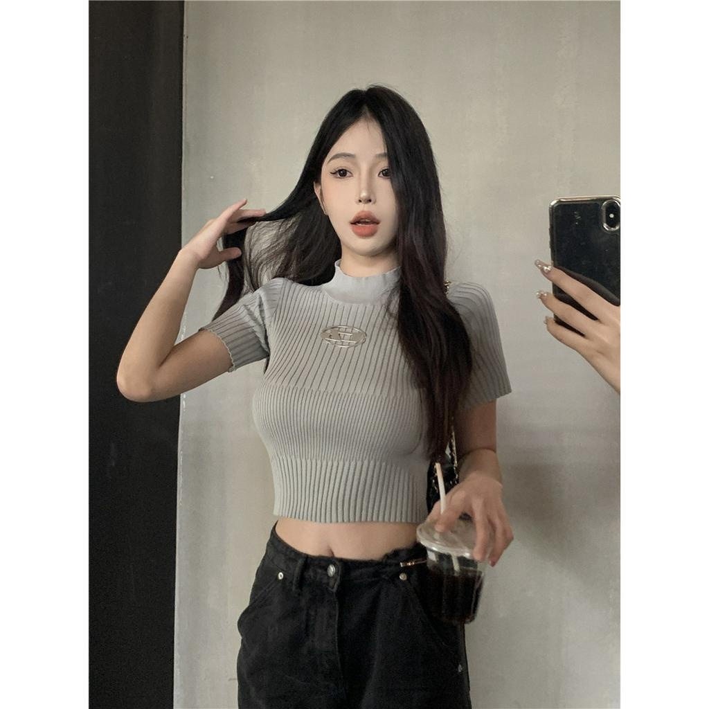 HUANG YOYO Áo Thun Dệt Kim Tay Ngắn Cổ Cao Dáng Ôm Phong Cách Thời Trang Retro Mỹ