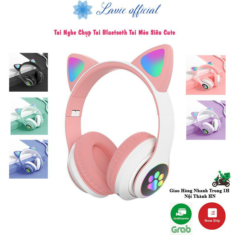 Tai Nghe Mèo Kết Nối Bluetooth Chụp Tai M23 Màu Tím Nhạt,Headphone Có Mic Đèn Led Dễ Thương Pin Khủng Chống Ồn