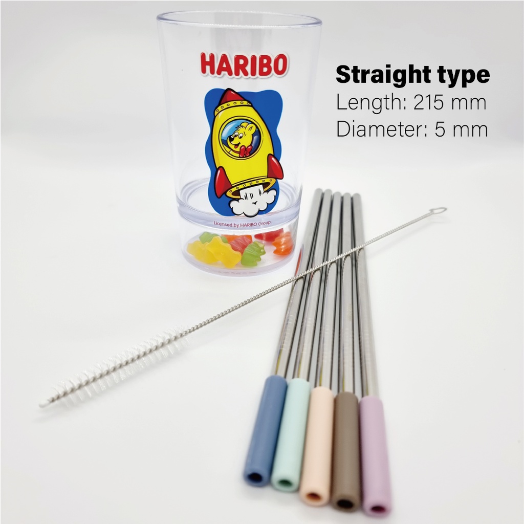 Ống Hút Bằng Thép Không Gỉ 5P + Nắp Silicone 5P + Cọ Vệ Sinh 1P Loại Thẳng / Bent