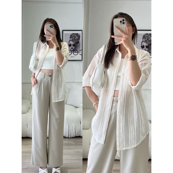Áo sơ mi nữ form rộng tay dài hàng thiết kế Huien Design phong cách Hàn Quốc, áo sơ mi ren tiểu thư nhẹ nhàng nữ tính