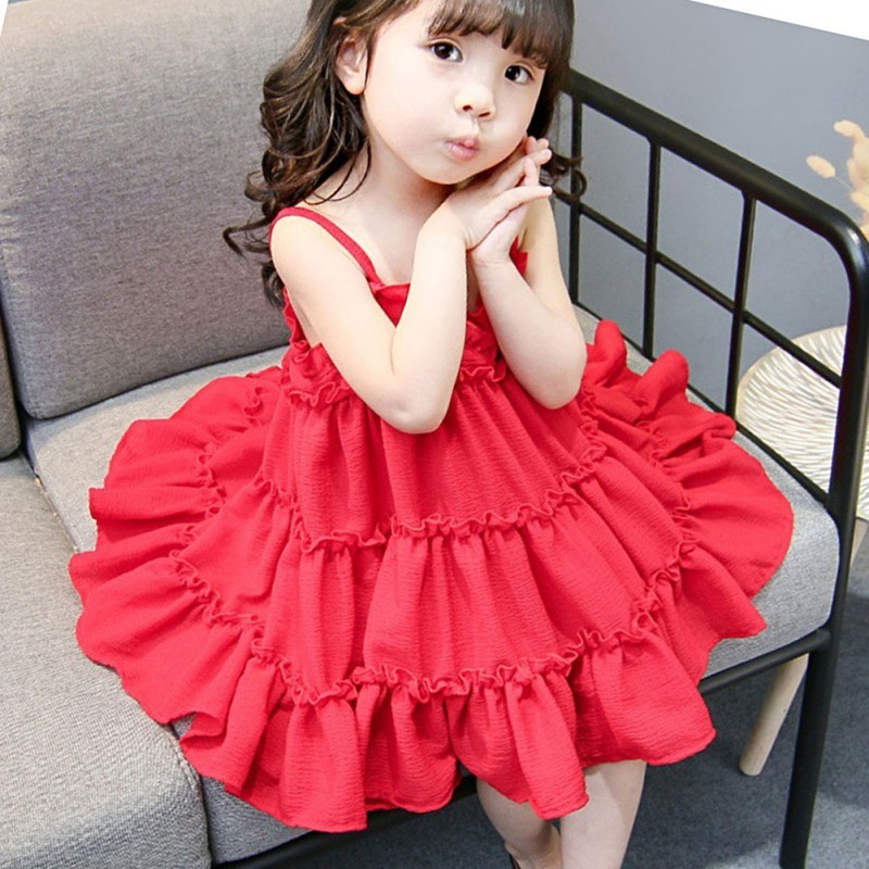 Đầm hai dây màu trơn xếp nếp đáng yêu cho bé gái