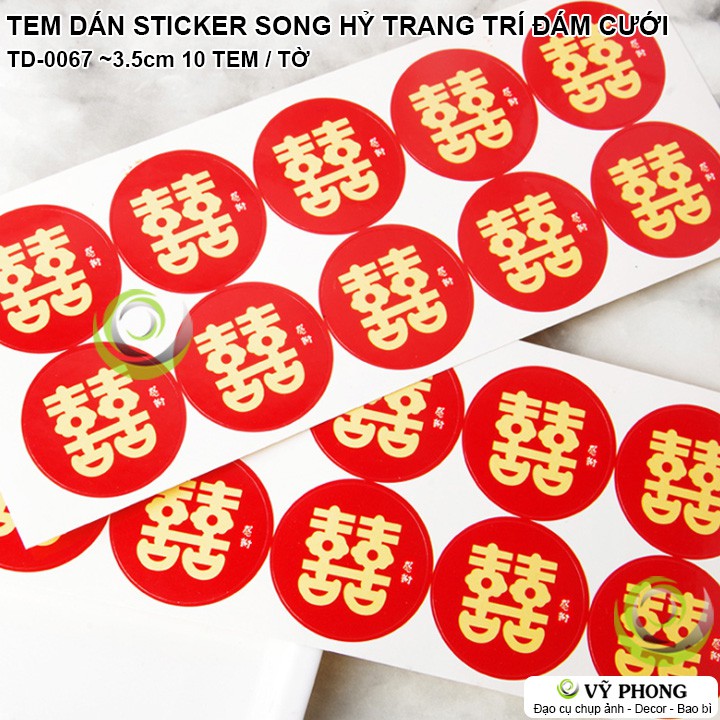 TEM DÁN STICKER DECAL DÁN CHỮ SONG HỶ MÀU ĐỎ TRANG TRÍ ĐÁM CƯỚI ĐÓNG GÓI NIÊM PHONG BAO BÌ QUÀ CƯỚI CHỮ HỶ TD-0067