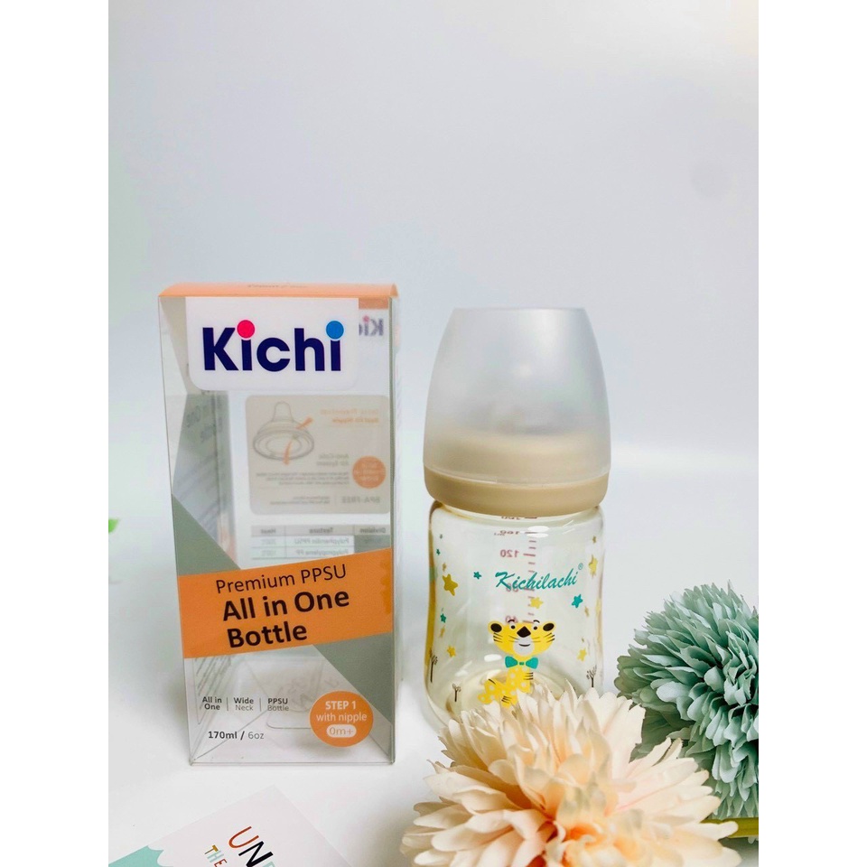 Bình sữa cổ rộng CẢM BIẾN NHIỆT PPSU cho bé kèm núm ti siêu mềm KICHILACHI chính hãng hình thỏ, hổ 170/270ml