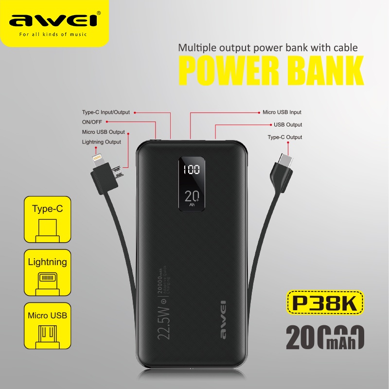 Sạc Dự Phòng Awei P38K 20000mAh 22.5W Hỗ Trợ Sạc Nhanh Cho Điện Thoại Kèm Cáp