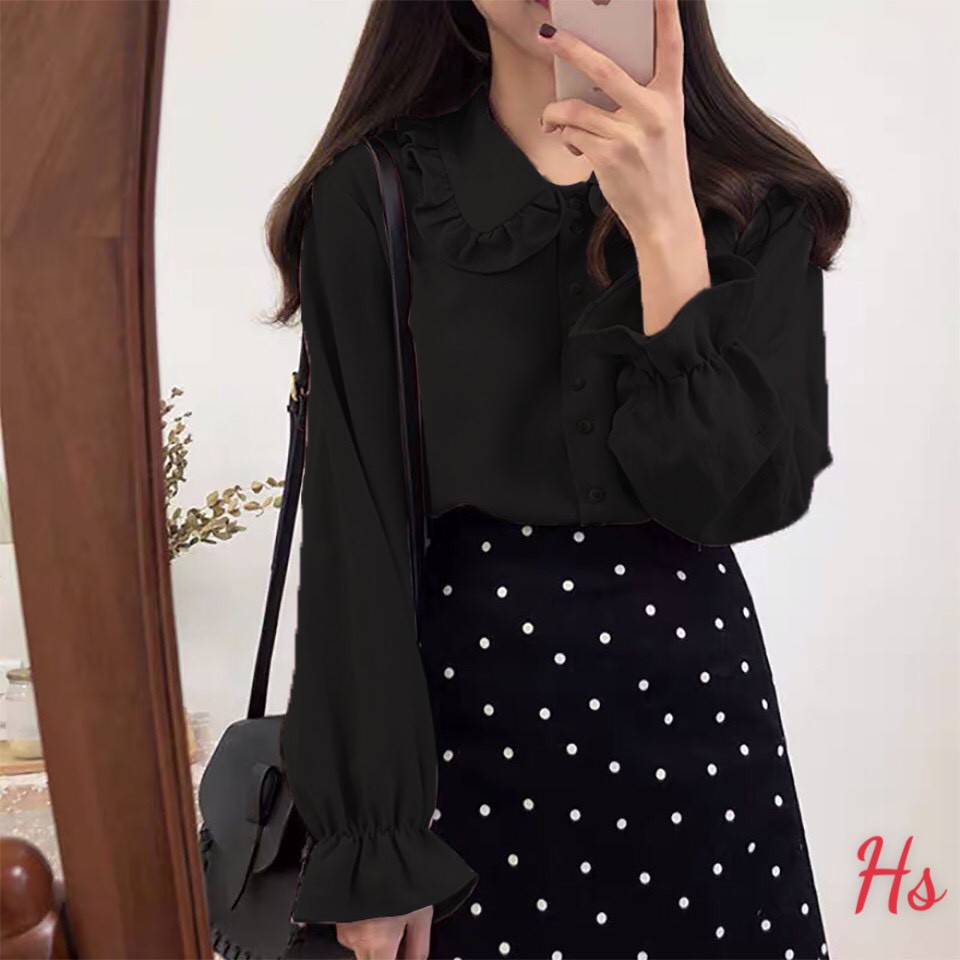 Áo Sơ Mi Đen Cổ Bèo 🦋 Áo Somi Nữ Chất Đũi Màu Đen 🦋