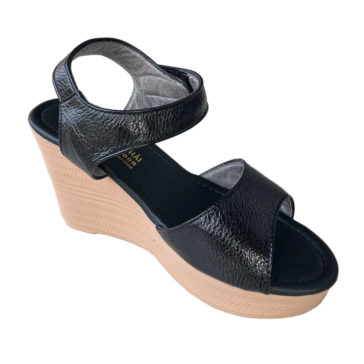 Sandal nữ đế xuồng 9cm da bò màu đen Trường Hải DX145Đ FORM NHỎ