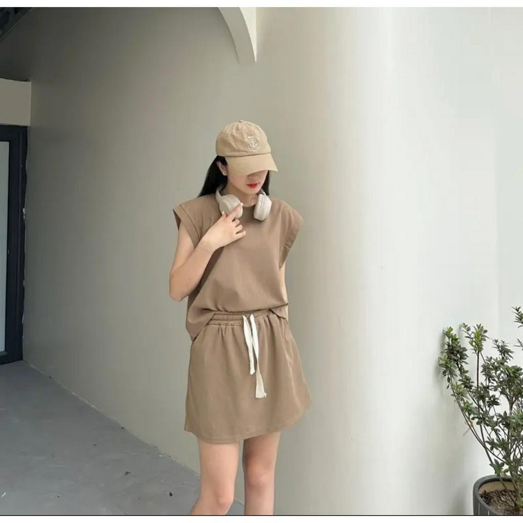 Set áo tank top tay hến chất thu tổ ong kèm chân váy thời trang - 29feb.closet - S97