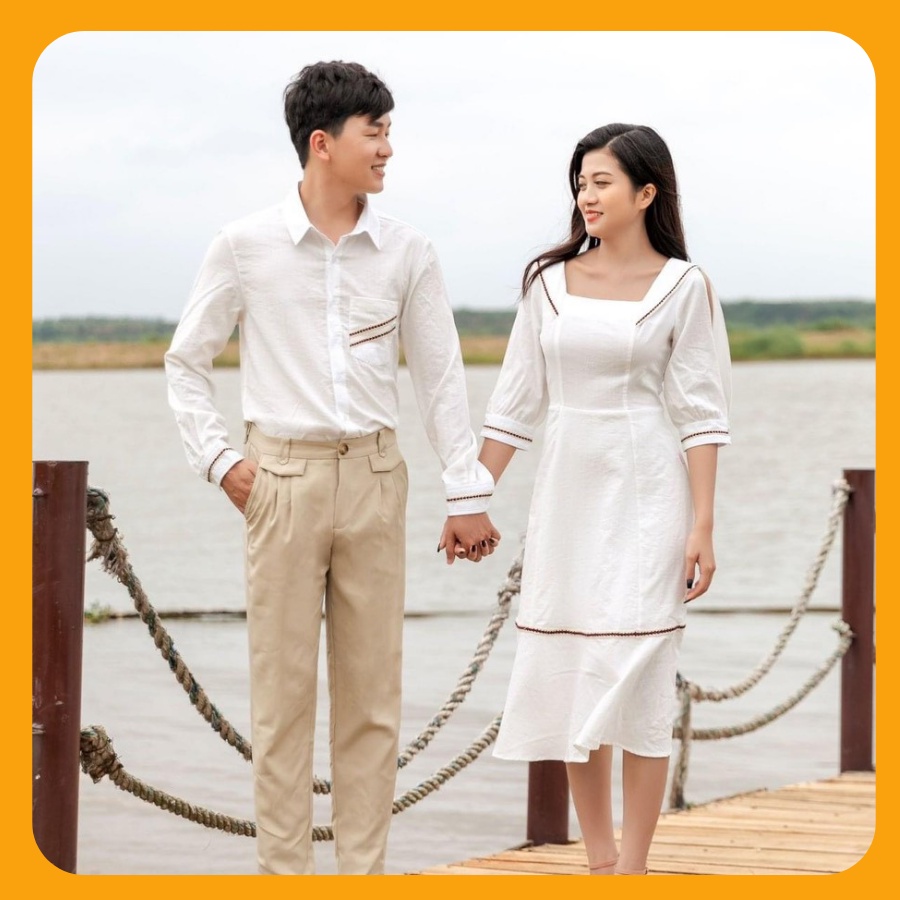 Đồ đôi nam nữ đẹp Set áo váy sơ mi Hàn Quốc dáng dài COUPLE STORE