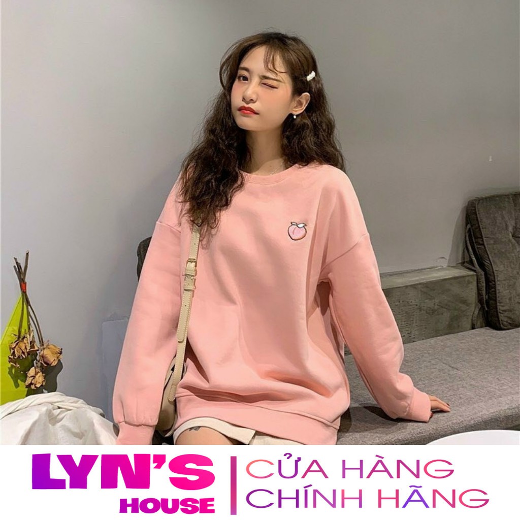 Áo tay dài sweater nỉ Lyn House thêu hình trái cây cho nam nữ và cặp đôi, form rộng unisex 4 màu hồng kem vàng xanh | BigBuy360 - bigbuy360.vn