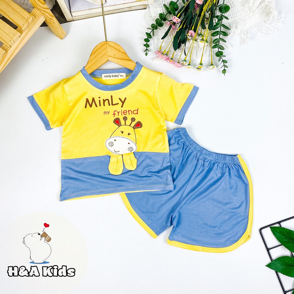 [Bé 20-33kg] Bộ ngắn tay thun lạnh in hình phối taI thỏ thật cho bé trai bé gái từ 20-33kg