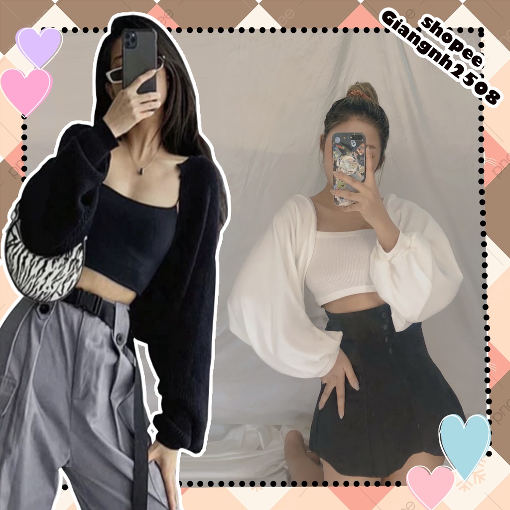 SA002 Bộ áo khoác cardigan mỏng, tay bo phồng và áo hai dây croptop ôm body sexy phong cách bánh bèo tiểu thư cute