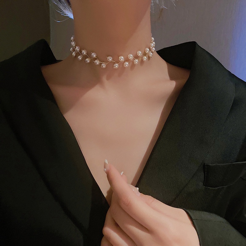 Vòng cổ choker chuỗi hạt ngọc trai màu vàng thời trang cổ điển thanh lịch cho nữ