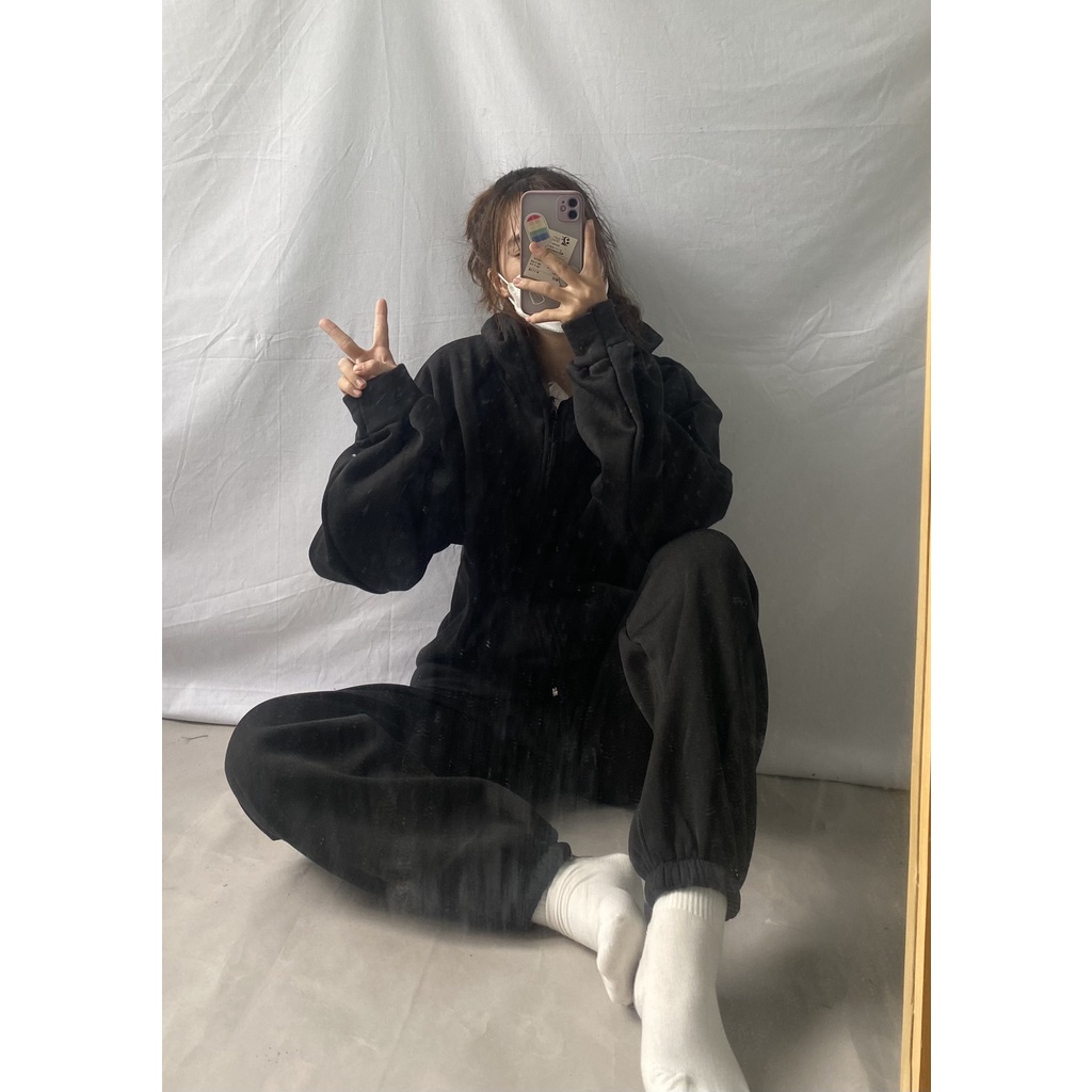 Set Bộ Nỉ Áo Khoác Quần Dài Set Bộ Nỉ Ngoại Tay Phồng Form Rộng Phong Cách Ulzzang Basic [Ảnh Thật]