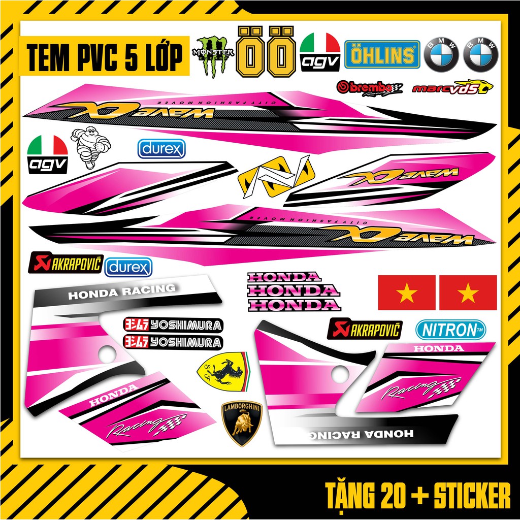 Tem Rời Wave Alpha Phong Cách Cacbon Racing Màu Hồng | WA03 | Khuôn Chính Xác 100% | Chất Liệu PVC Cao Cấp