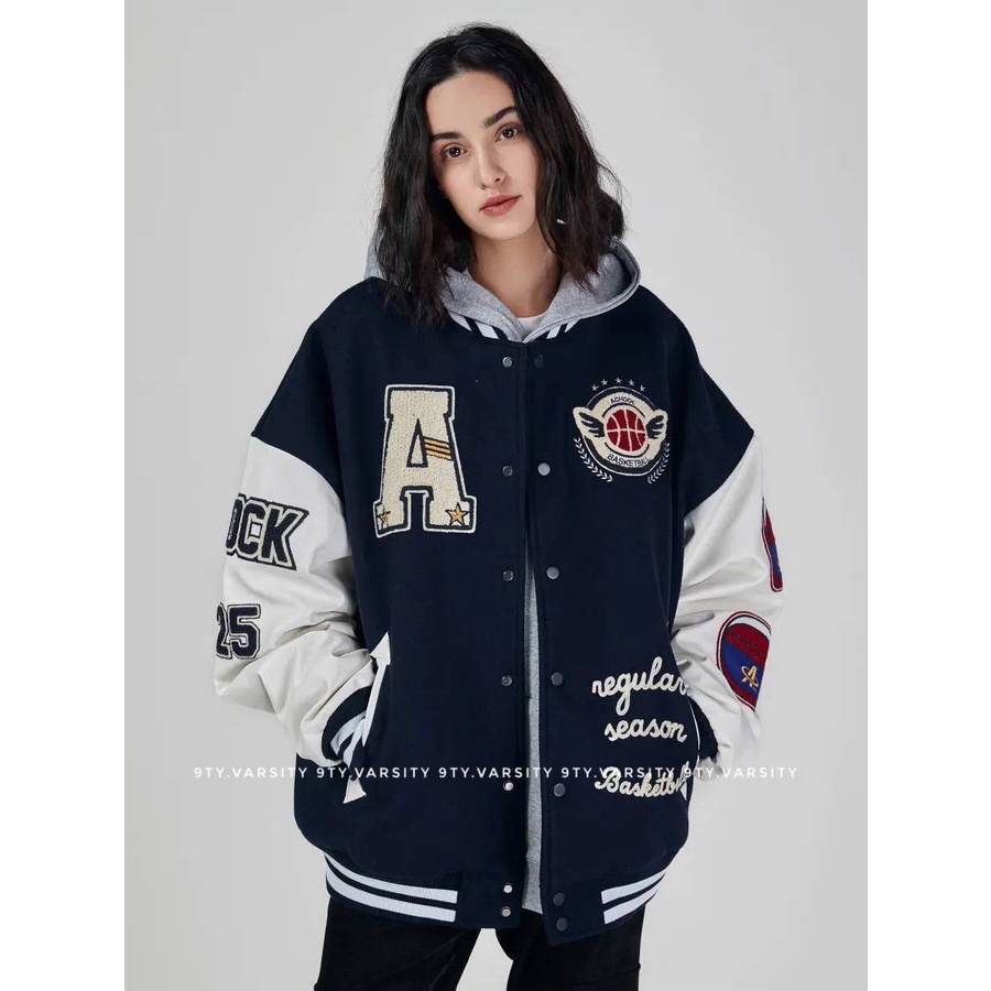 Áo Khoác Bomber Varsity Jacket Nam Nữ - Áo Khoác  Bóng Chày Unisex Nỉ Dạ Tay Da Logo Thêu 2 Lớp 9tyvarsity