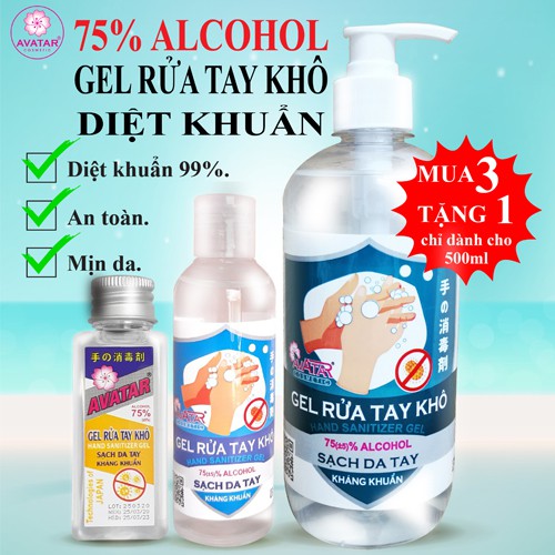 [Pasteur kiểm duyệt] Nước rửa tay khô Avatar 75% cồn - Diệt khuẩn tối đa - Mua 3 chai 500ml tặng 1 chai cùng dung tích