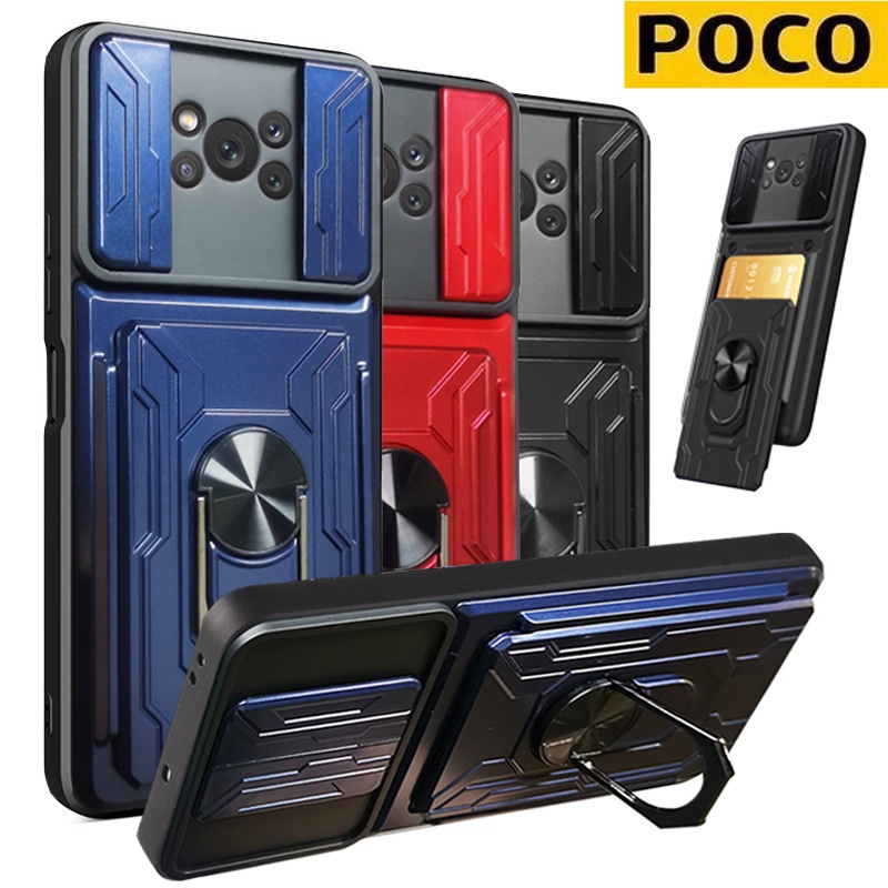 POCO X3 Pro POCO X3 NFC POCO F3 Vỏ điện thoại đa chức năng sang trọng Áo giáp chống va đập Vỏ bảo vệ ống kính Thẻ có thể cắm được và Chân đế kim loại xoay