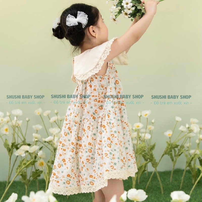 Váy bé gái cổ yếm babydoll viền bèo họa tiết hoa nhí vintage SHUSHI