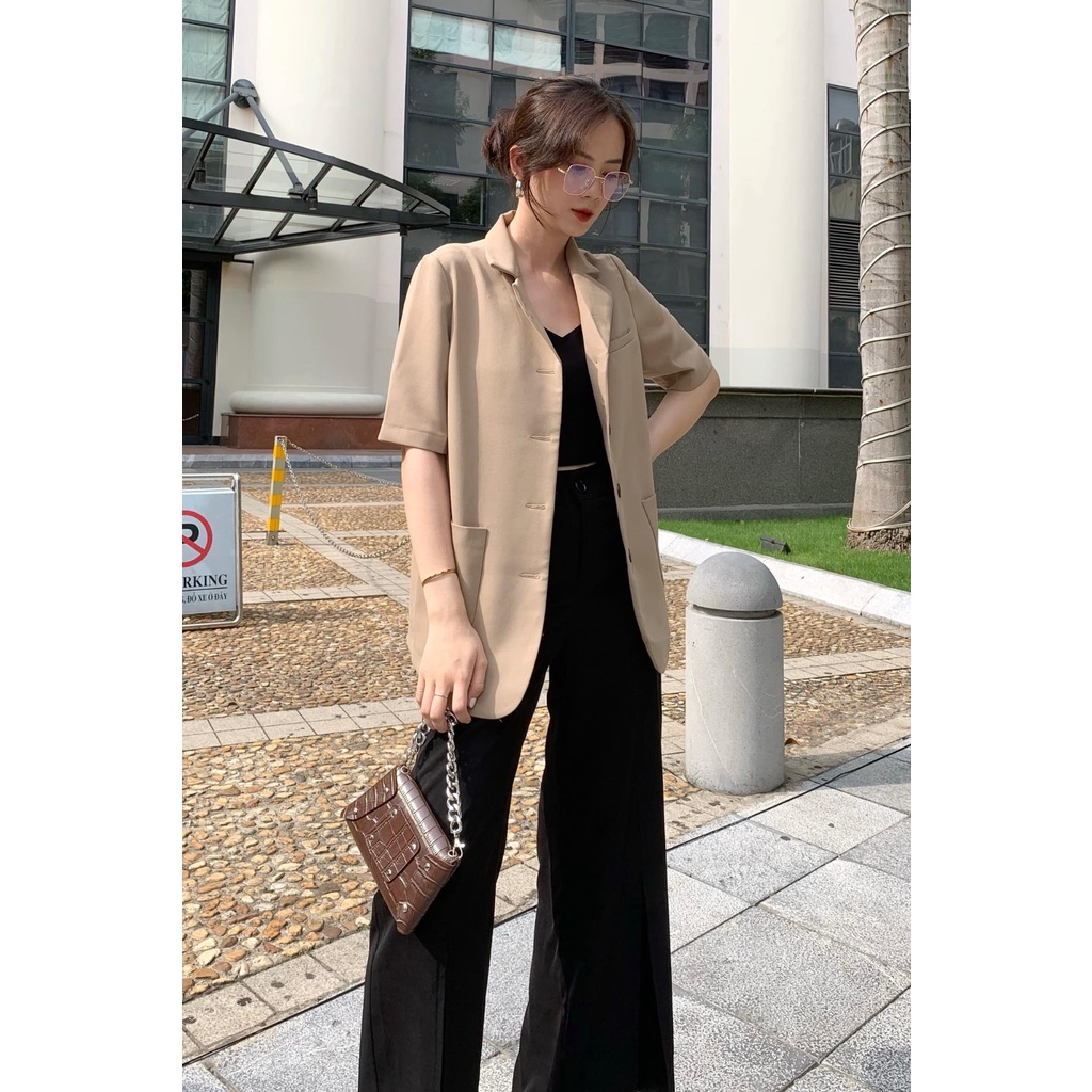 Áo khoác blazer nữ cộc tay dáng dài hàng thiết kế Huien Design form Hàn Quốc, đa màu sắc, 4 khuy dọc, vest nữ thanh lịch | BigBuy360 - bigbuy360.vn