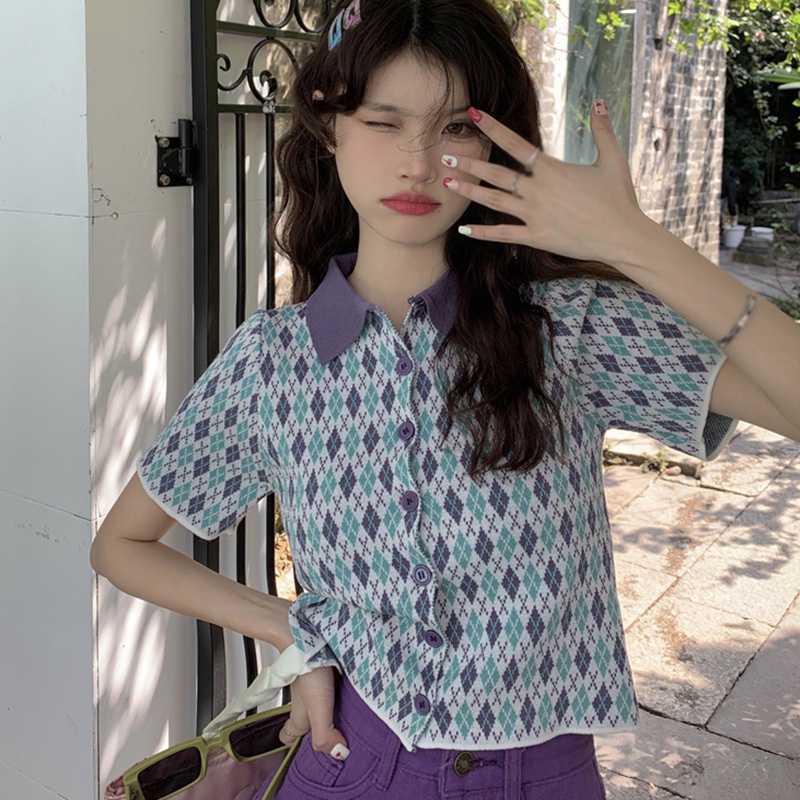 Áo Croptop Dệt Kim Tay Ngắn Họa Tiết Hình Thoi Thời Trang Hàn Quốc Cho Nữ