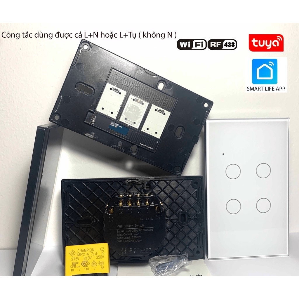 Công tắc Nút Ấn thông minh WIFI Tuya Smart + RF433 1.2.3.4