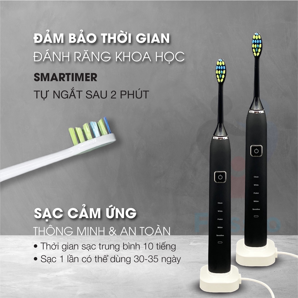 Máy Đánh Răng FOSSIO N300 Tiêu Chuẩn Châu Âu Bảo Hành 1 Năm, Kèm Đầu Rửa Mặt, Bàn Chải Điện Sonic Đánh Răng Tự Động