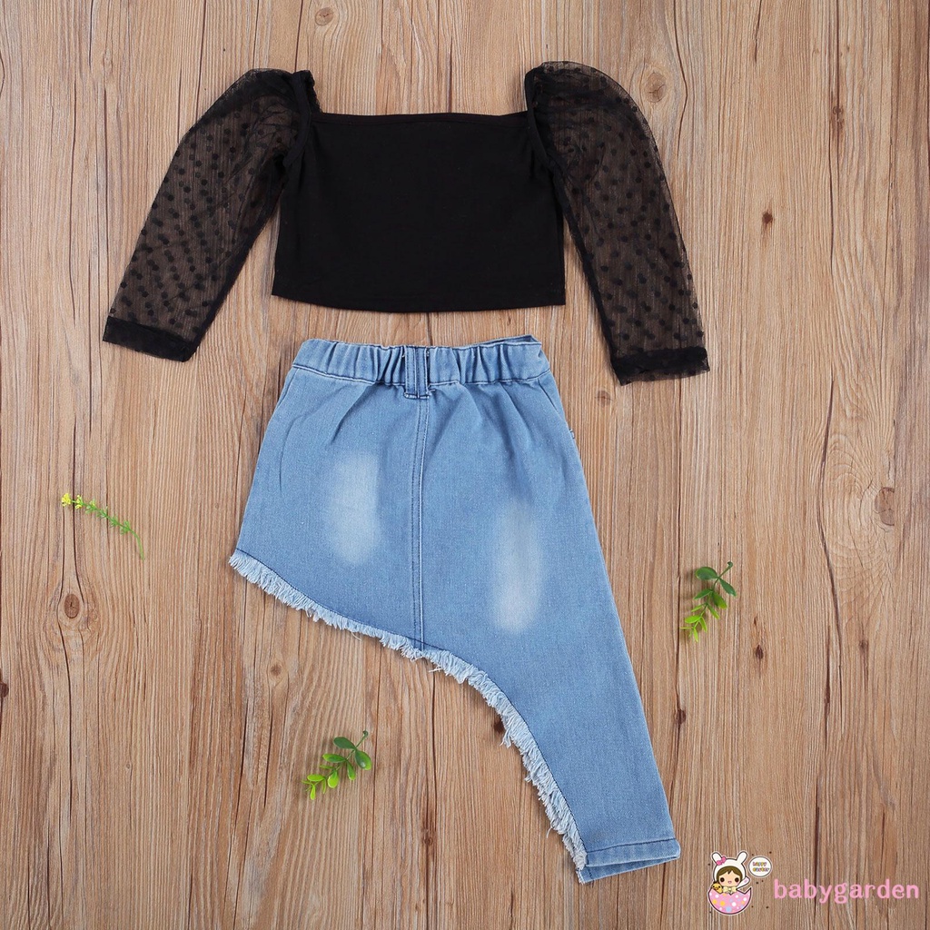 Áo Crop Top Tay Dài Xuyên Thấu Chấm Bi + Chân Váy Cho Bé Gái