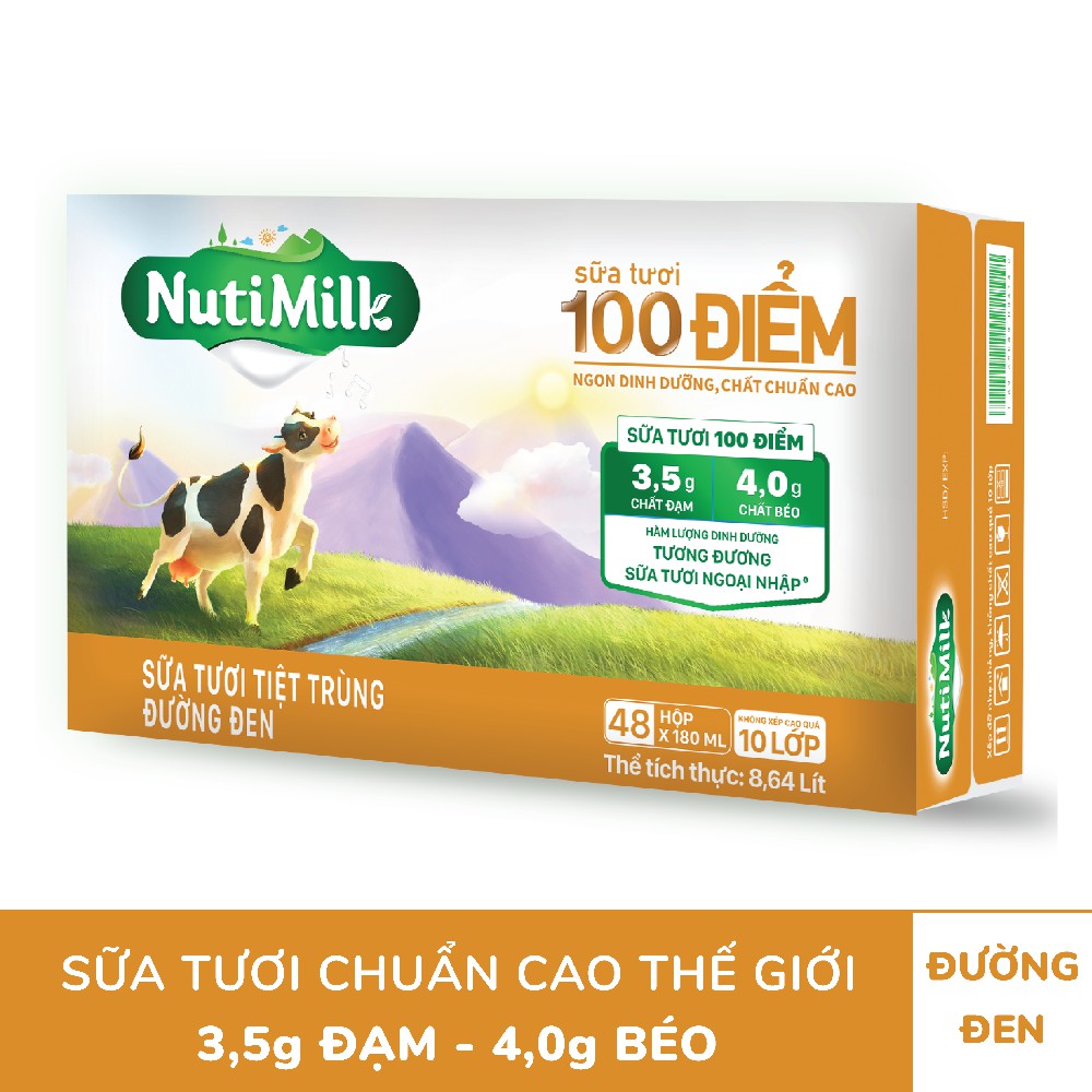 Thùng 48 hộp NutiMilk ST 100 điểm - ST tiệt trùng Đường đen Hộp 180 mL/hộp