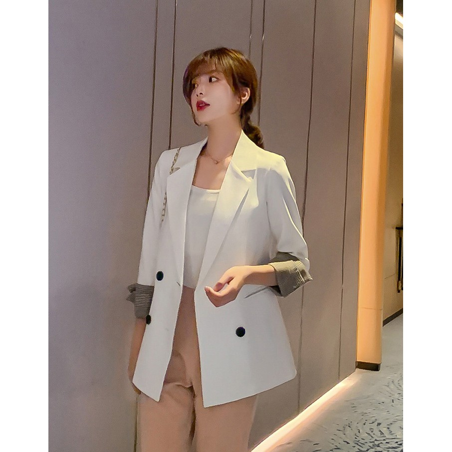 Áo Blazer màu trắng cổ tay caro, vest công sở kiểu hàn quốc, khoác blazer chất vải cao cấp TN1318-T