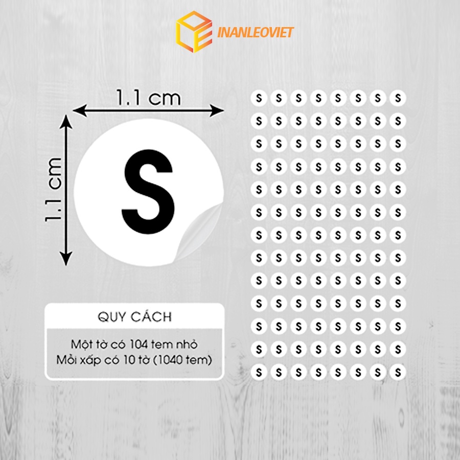 Nhãn Decal giấy In sẵn Size XS, S, M, L, XL, XXL kích thước 1.1cm chỉ cần gỡ và dán size áo, giày, dép 1 tờ 104 nhãn