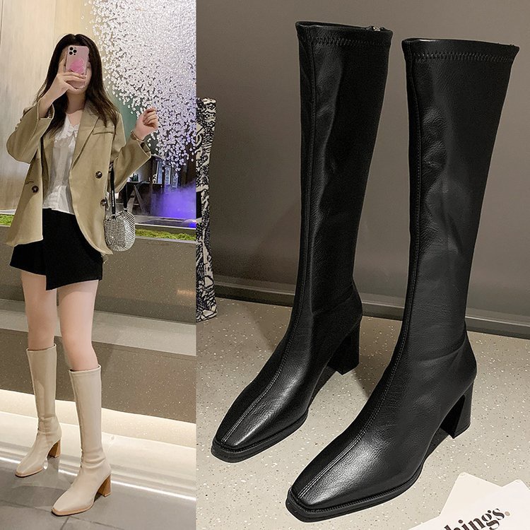 Bốt Da Trơn đơn giản mới dài đến đầu gối 2 màu ĐEN, BE BOOT THU -ĐÔNG