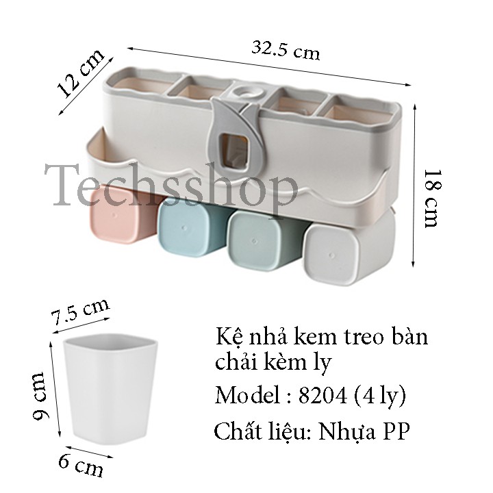 Kệ Treo Bàn Chải Đánh Răng Nhả Kem Tự Động Đán Tường Kèm 4 Ly 8204 - Kệ Nhà Tắm Để Đồ