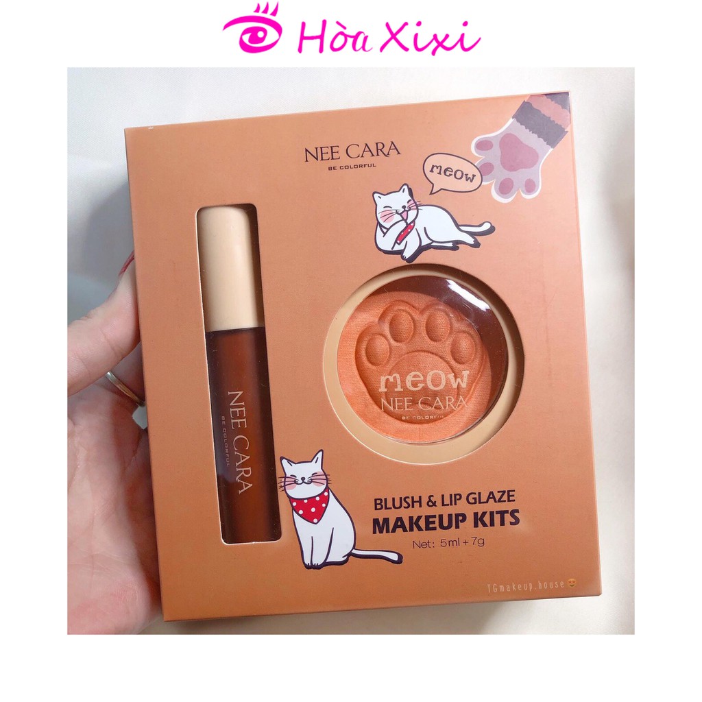 Set son kem kèm phấn má Nee Cara MEOW Blush & Lip Glaze Makeup Kits