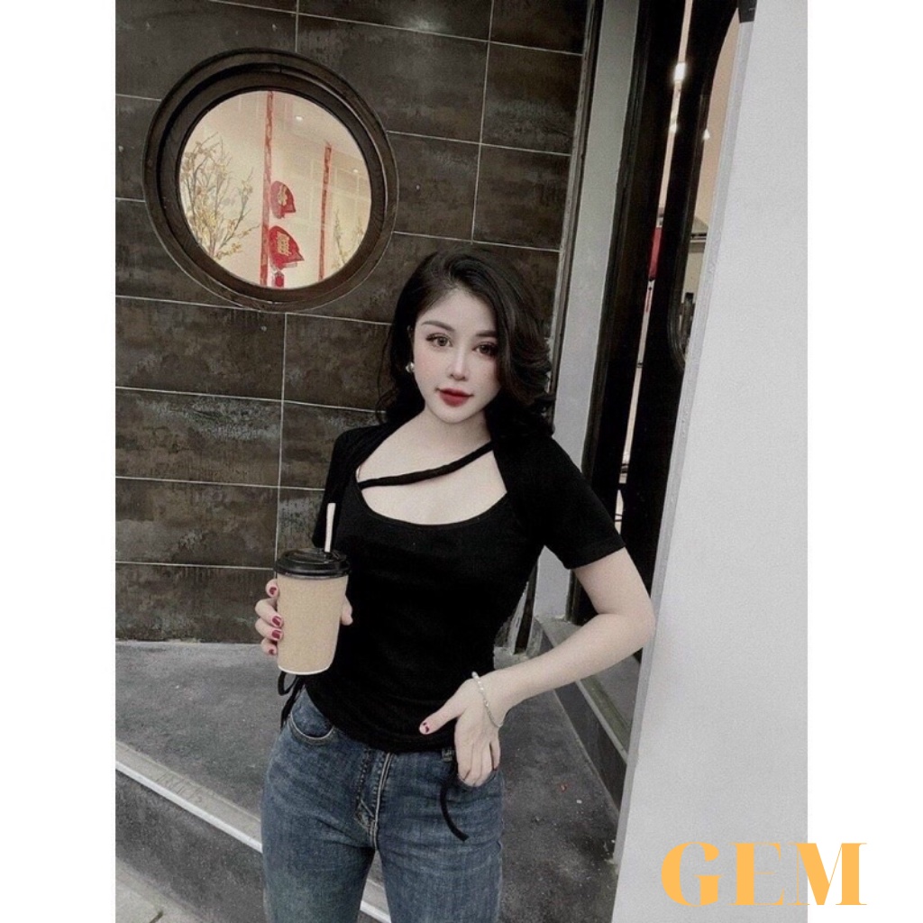 Áo croptop tay ngắn kiểu dây chéo cổ dây rút hông , áo thun nữ thời trang
