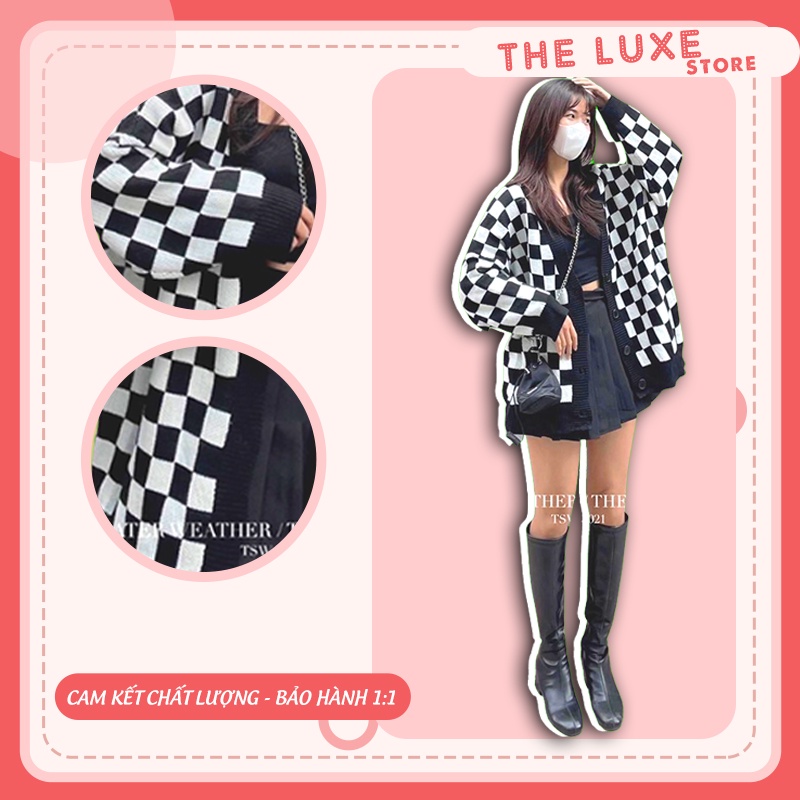 Áo cardigan len họa tiết sọc caro, Áo khoác len nữ thu đông form rộng 100% được may từ len mềm mịn phối màu đen trắng | BigBuy360 - bigbuy360.vn