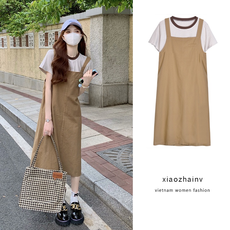 Xiaozhainv Set Áo Thun Kẻ Sọc Và Đầm Yếm Form Rộng Xẻ Tà Phong Cách Hàn Quốc Cho Nữ