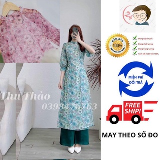 Áo dài cách tân 4 tà hoa nhí tay bồng cổ trụ chất vải tơ sống xước 4 tà tôn dáng