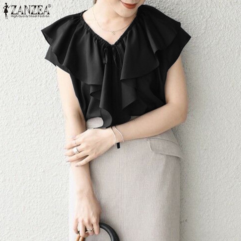 Áo kiểu ZANZEA ngắn tay cổ tròn màu trơn phối bèo thời trang cho nữ