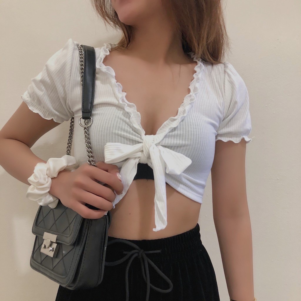 Áo Croptop Nơ Ngực GenY - Áo Croptop Kiểu Cột Thắt Nơ Trươc Ngực Siêu Xinh, Chất Vải Len Tăm Mềm Mịn | BigBuy360 - bigbuy360.vn