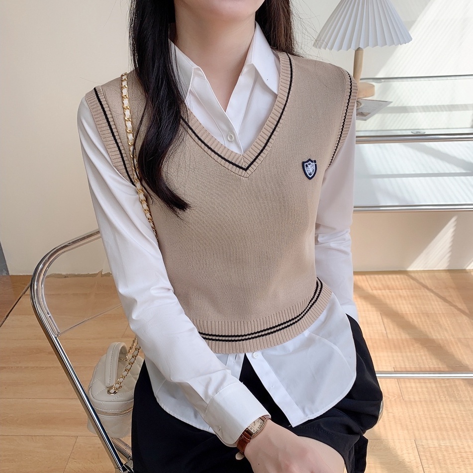 Áo Len Không Tay Dáng Rộng Phong Cách Preppy Dễ Phối Đồ