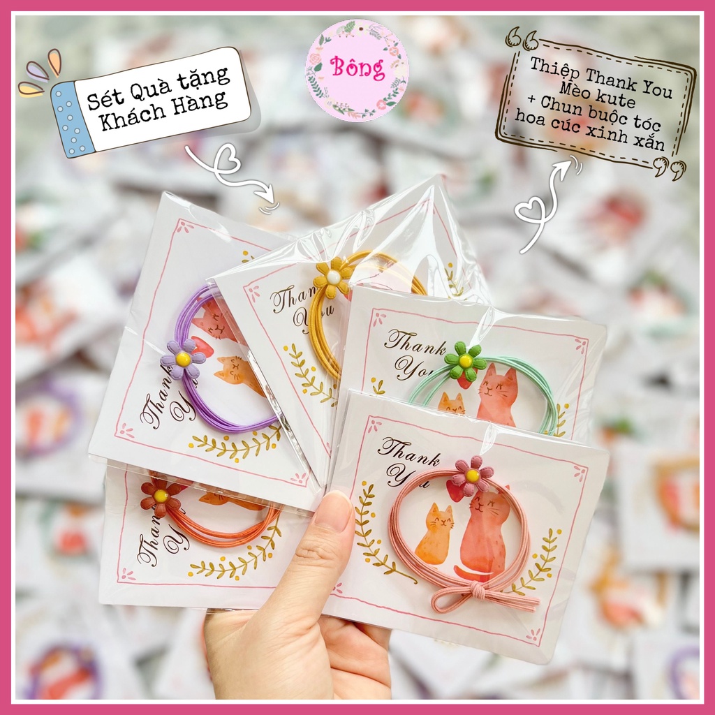 Sét quà tặng Thiệp Thank You Mèo kute và Chun buộc tóc hoa cúc xinh xắn