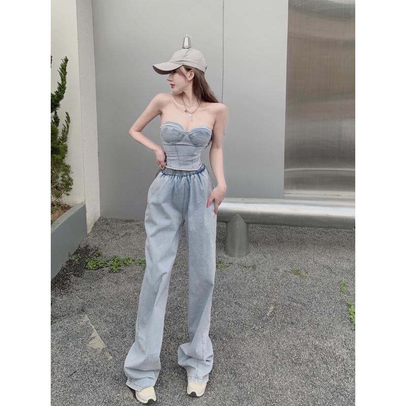 Set áo ống jeans xanh croptop cúp ngực hở vai lưng sexy + quần dài cao eo thun chân ống rộng ulzzang sang trọng