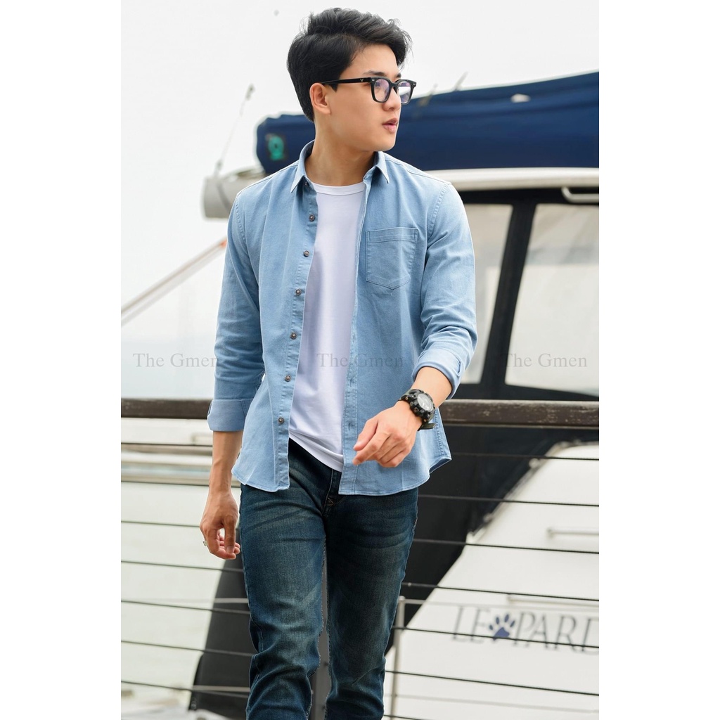 Ảnh Thật Sơ Mi Nam chất liệu Jean Denim, Túi Ngực, Tay dài, Dáng xuông, Hàng cao cấp,thích hợp mọi thời tiết.