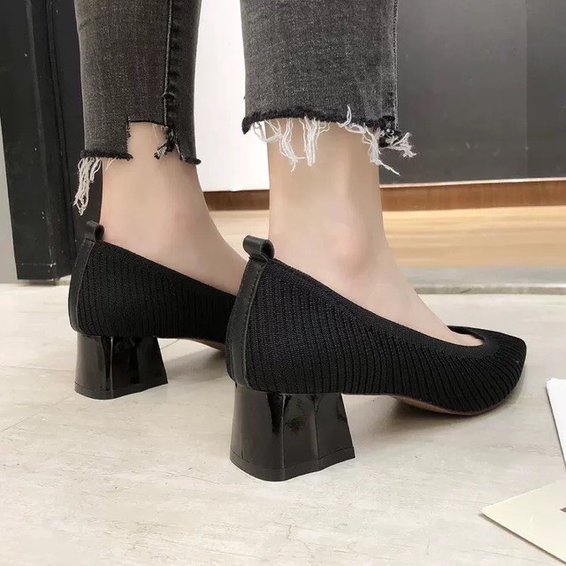 (Order-ảnh thật) sz 34-39 Giày chun mũi nhọn gót vuông 5cm