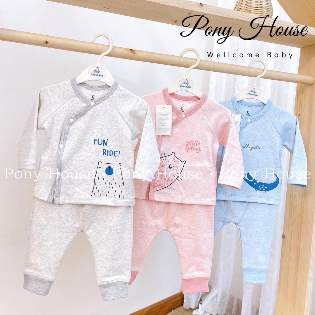 Bộ Nỉ Cài Lệch MOON - Bộ Quần Áo Sơ Sinh Dài Tay Nỉ Ấm Thu Đông Cho Bé 0-3 Tháng 3-6 Tháng