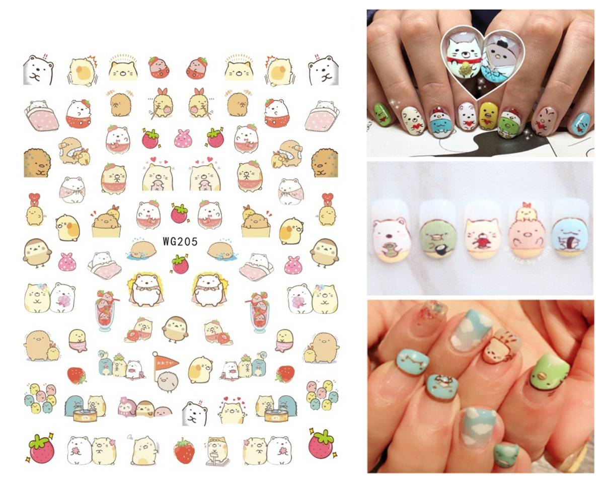 Nhãn dán móng tay phong cách thu đông in hình ảnh 3D dễ thương SUMIKKO GURASHI Stiker Kuku Cute 3D animal Nail Art Stickers Adhesive Sliders Colorful Blue Flowers Nail Transfer Decals Foils Wraps Decorations kids gift