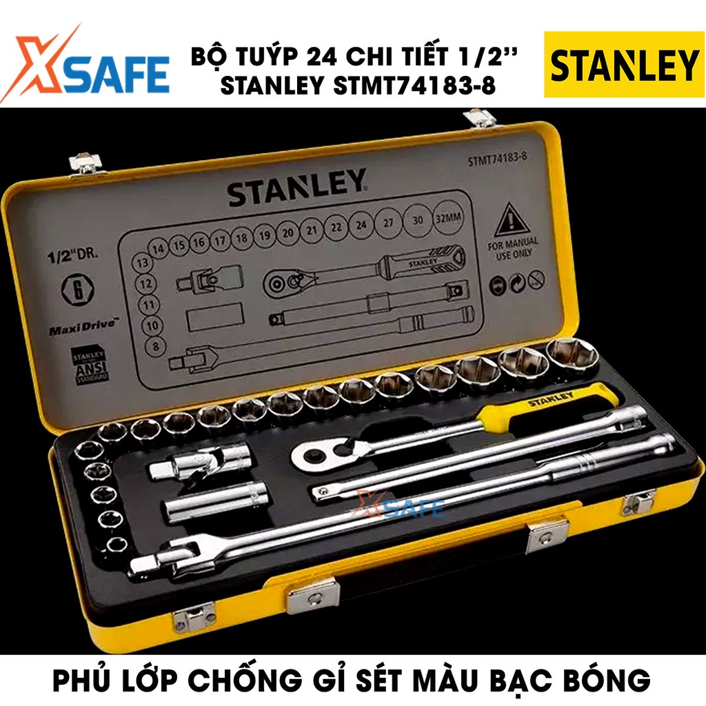 Đầu tuýp bộ 1/2 INCH 24 chi tiết STANLEY STMT74183-8 thép CR-V cao cấp Bộ 24 đầu tiếp gia công tỉ mỉ, độ bền cao